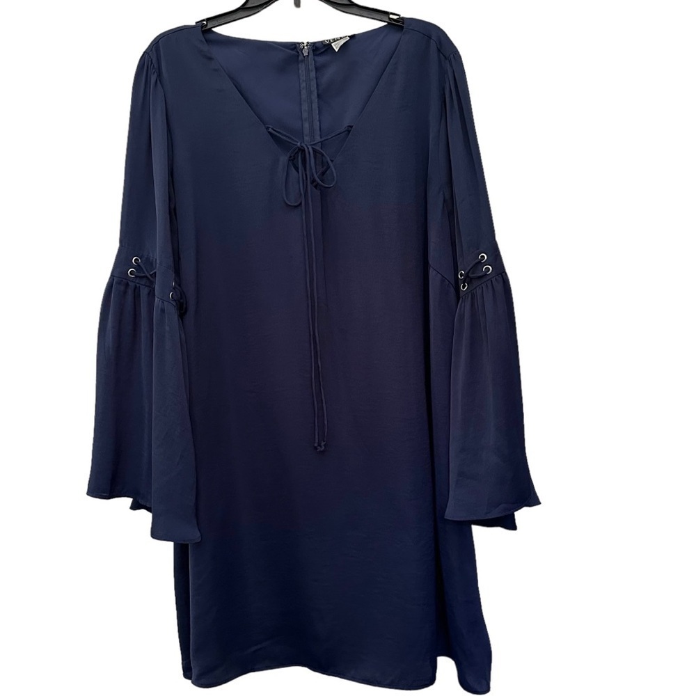 Venus Women’s Navy Blue Dress with Bell Sleeves and Criss Cross Tie Front